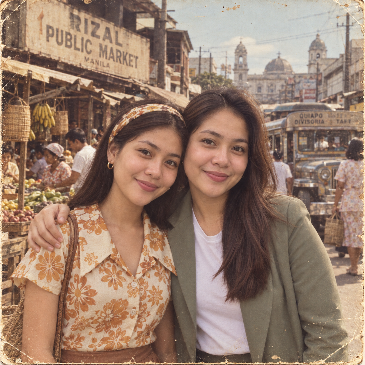 The same Filipina with her younger 1970 self in a vintage Manila street market while her present-day self keeps her modern sage blazer