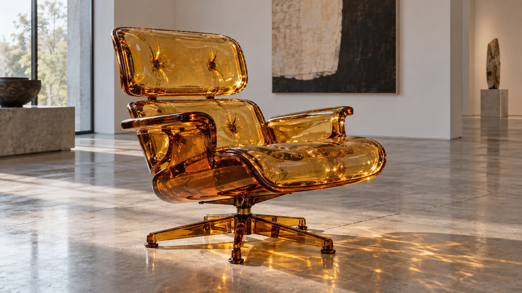 The same chair rebuilt as translucent amber glass