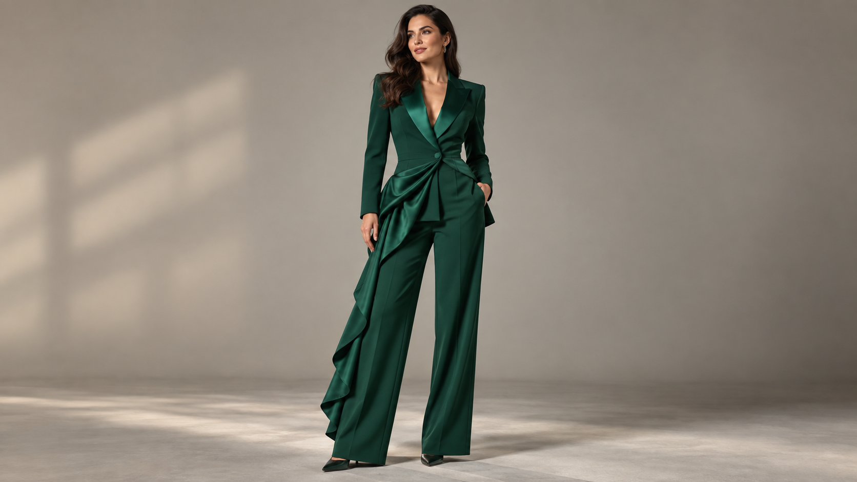 The same woman in a tailored green wardrobe with identity preserved