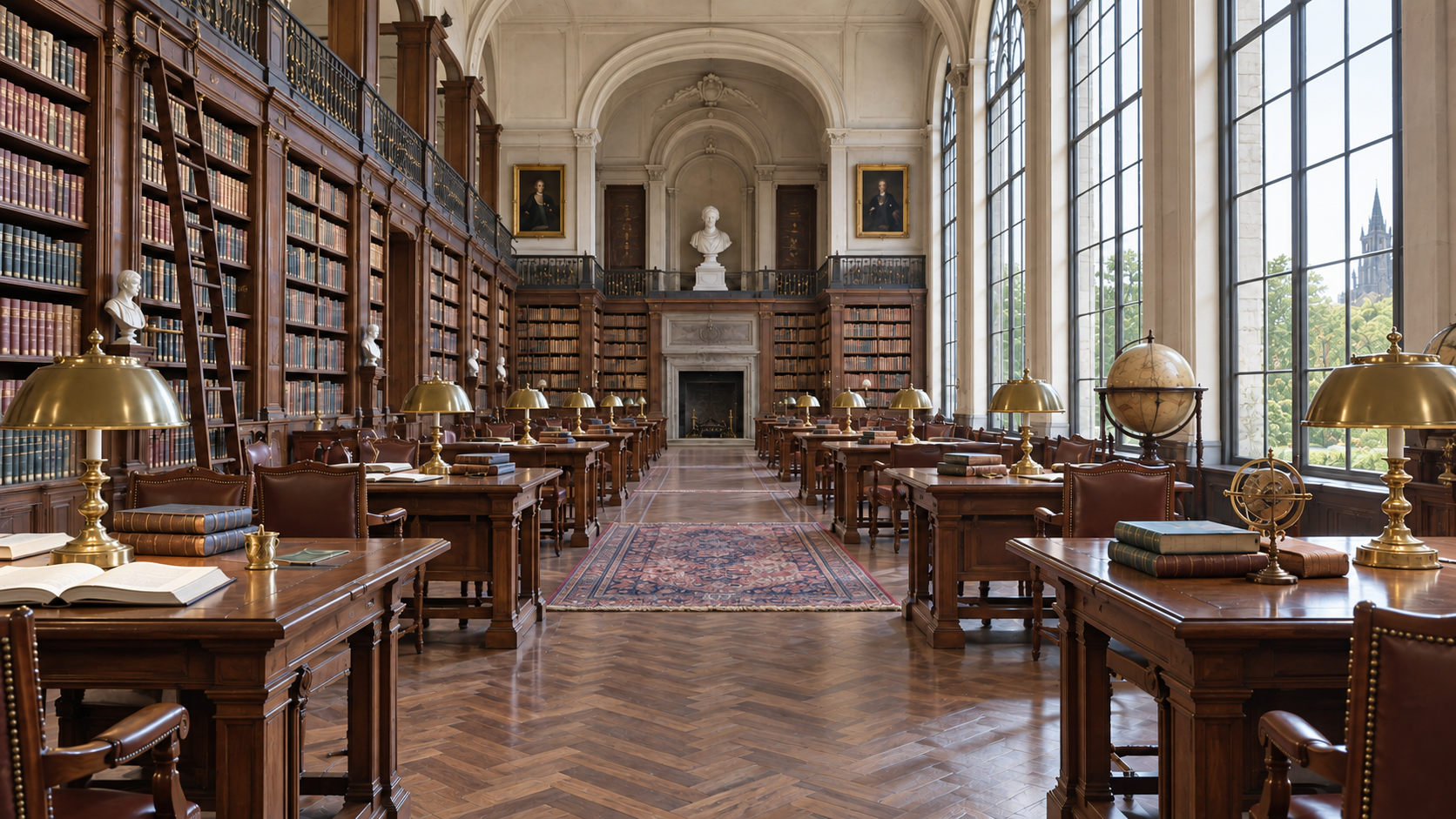 Grand library in neutral daytime illumination