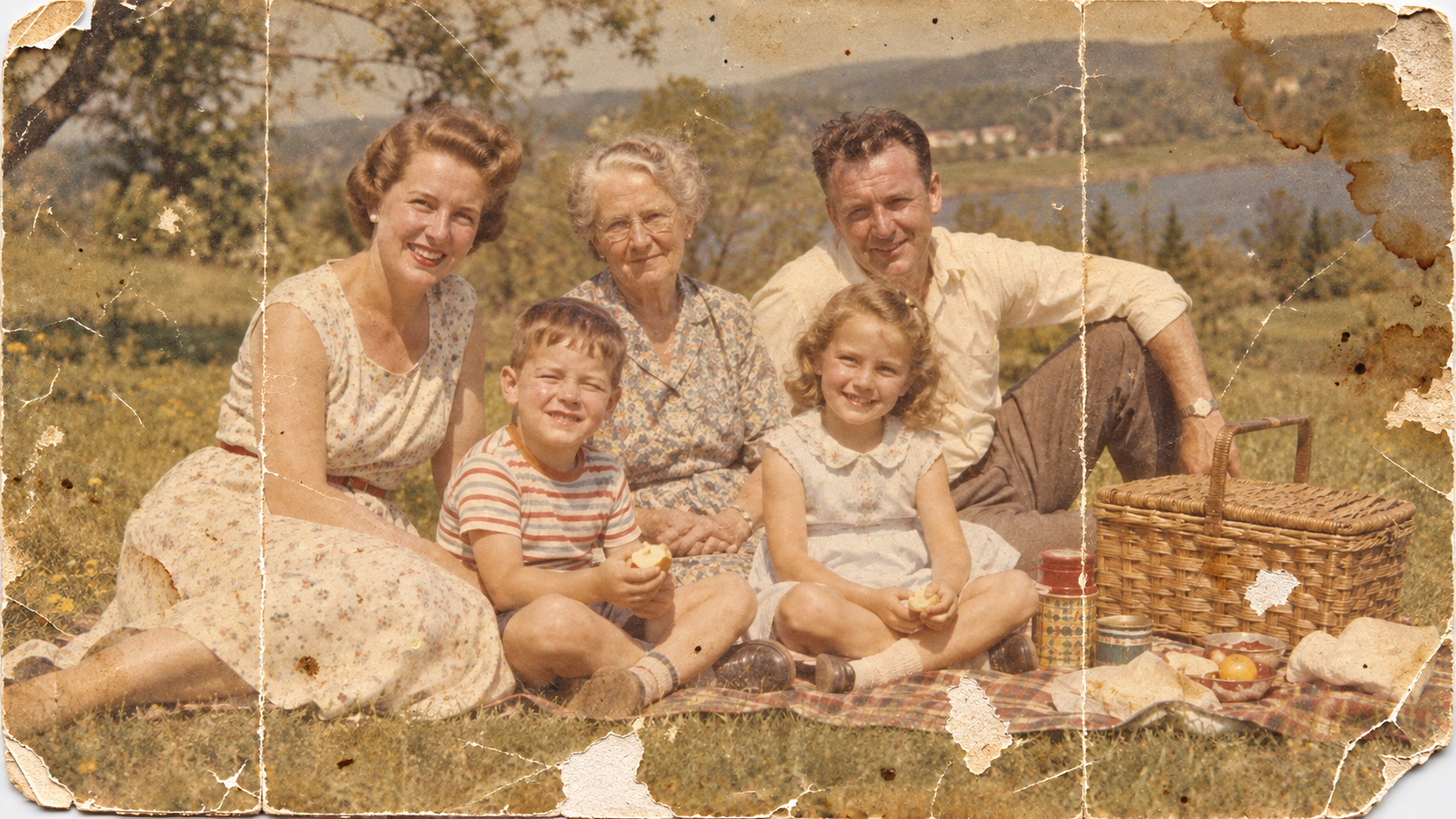 Faded and physically damaged family picnic photograph