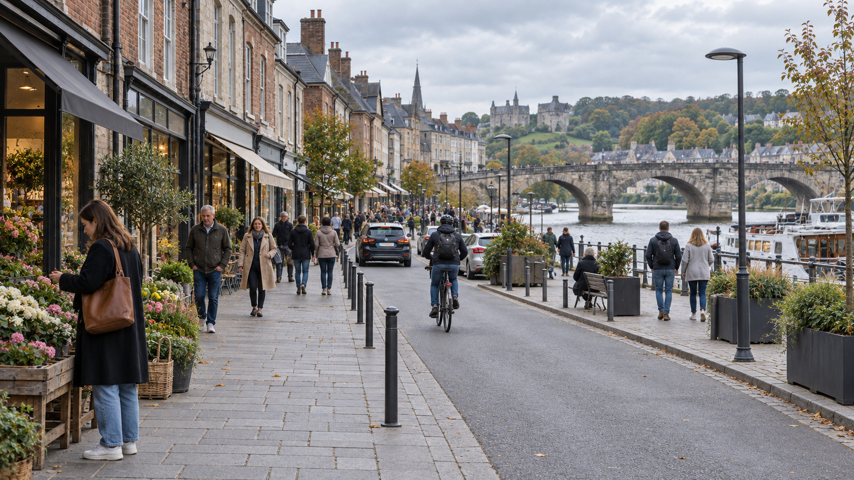 Present-day riverside street and bridge