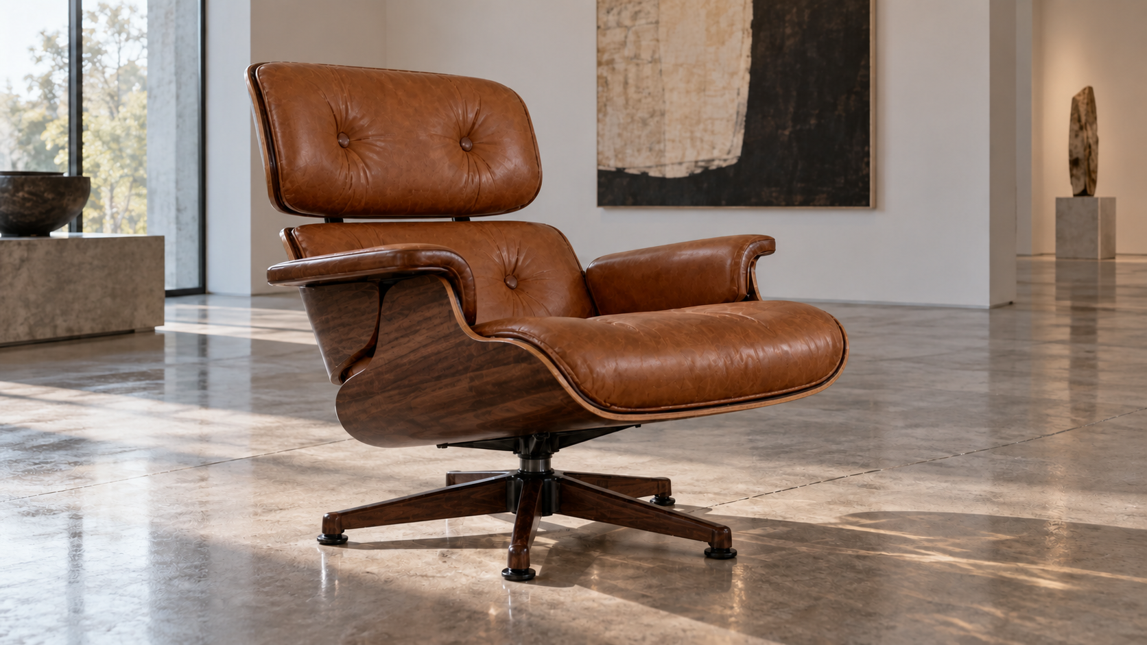 Brown leather and walnut lounge chair in a gallery