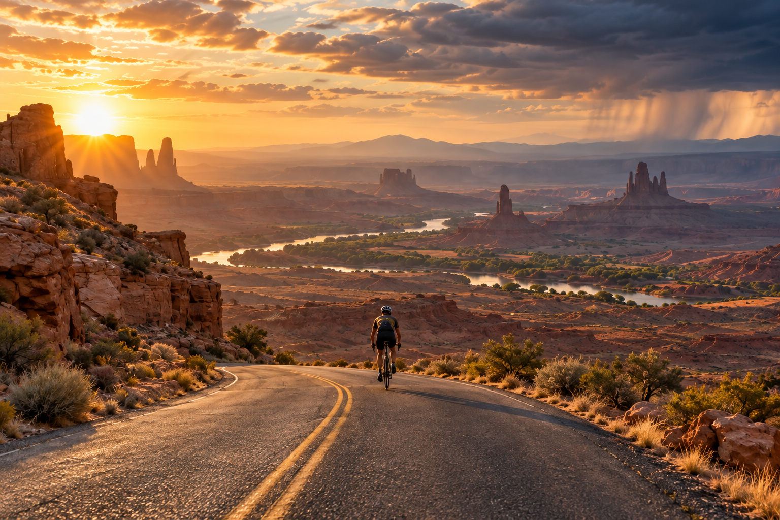 Tightly framed cyclist on a desert road at sunset