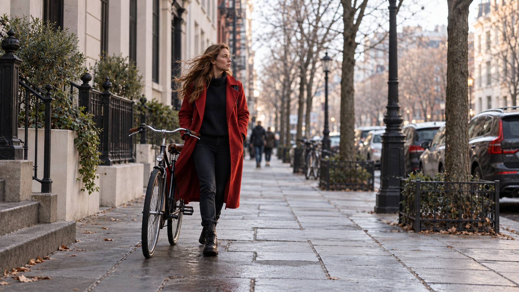 Woman walking a bicycle on an ordinary city sidewalk