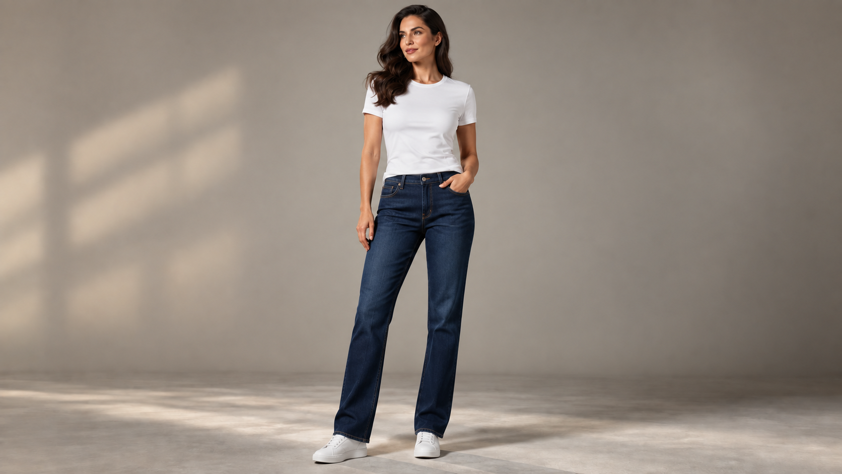 Woman in a plain white shirt and dark jeans