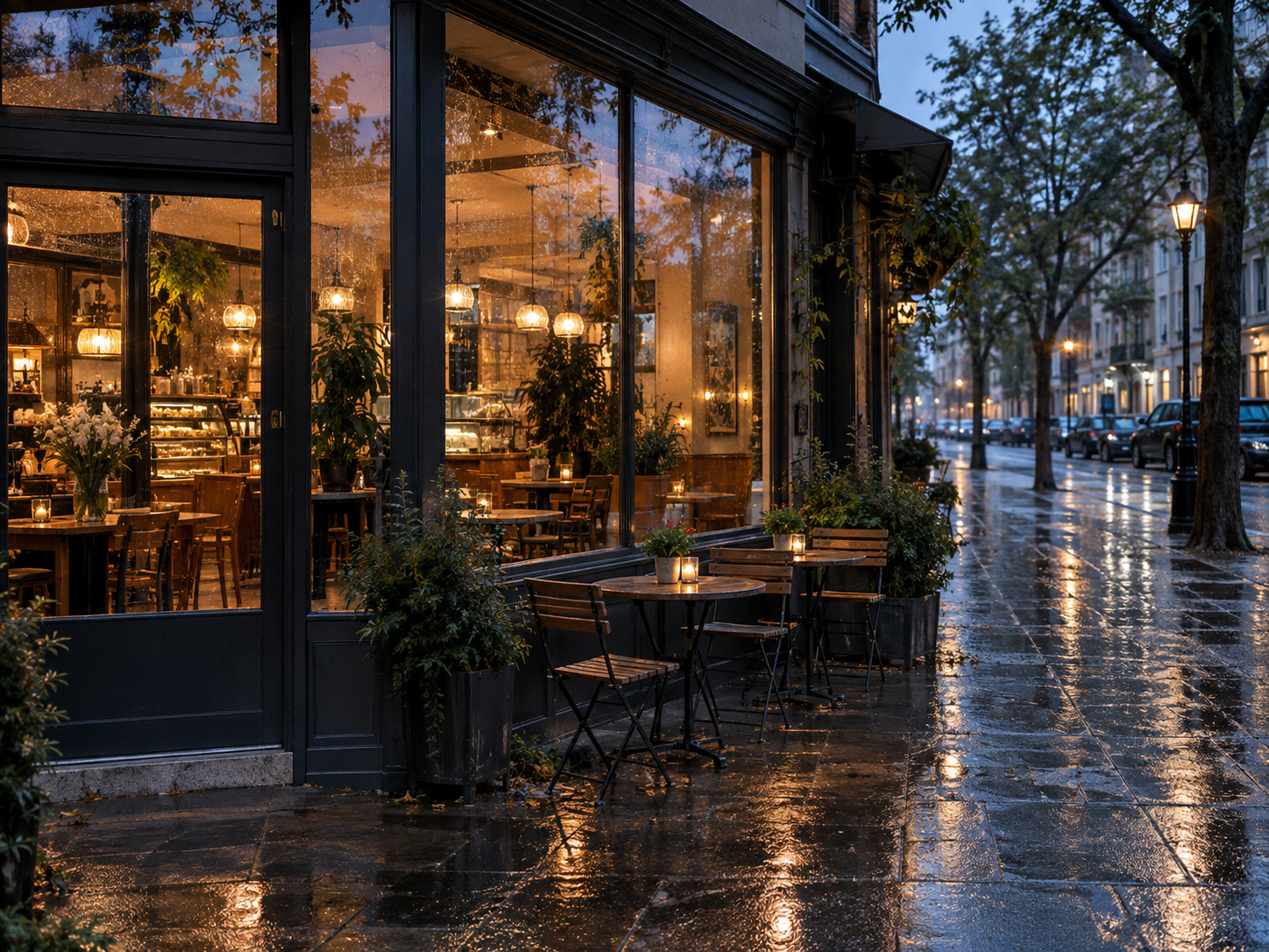 A warm corner café and wet sidewalk at blue hour