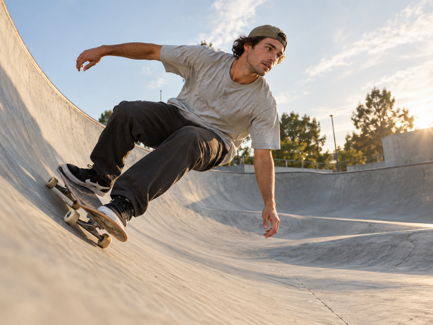 A skateboarder carving through a concrete bowl in daylight