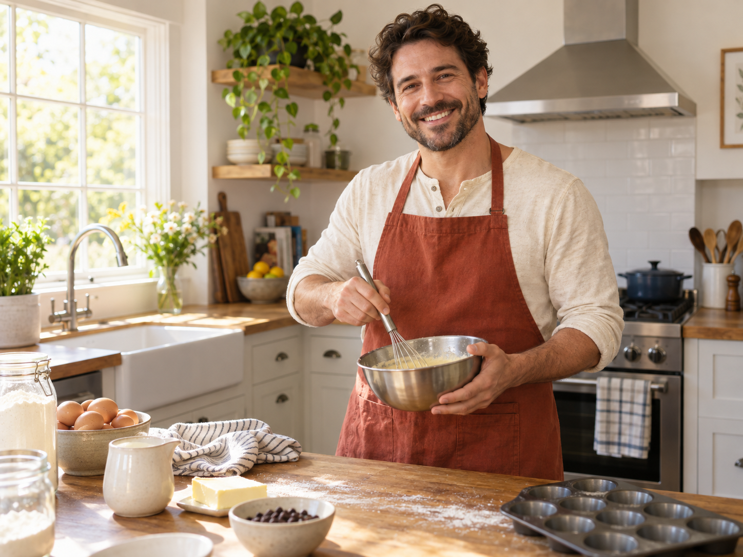 A smiling man in a rust apron whisking batter