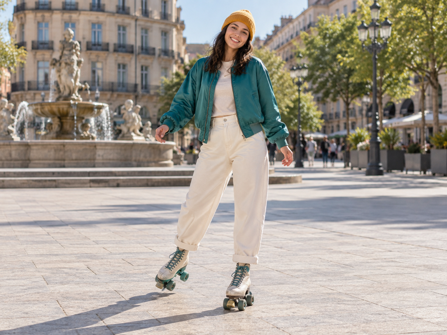 A woman wearing a teal jacket and yellow beanie roller-skating in a city plaza