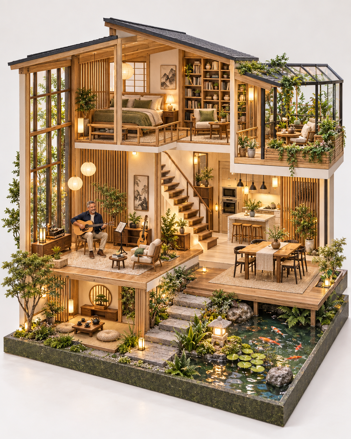 A Japanese-Scandinavian forest dollhouse with a music room, greenhouse, koi pond, and a miniature resident