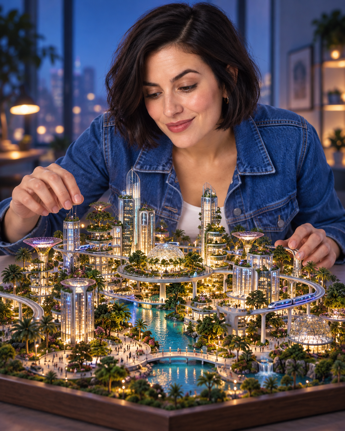 The same woman as a photorealistic giant looking down over a luminous miniature garden city