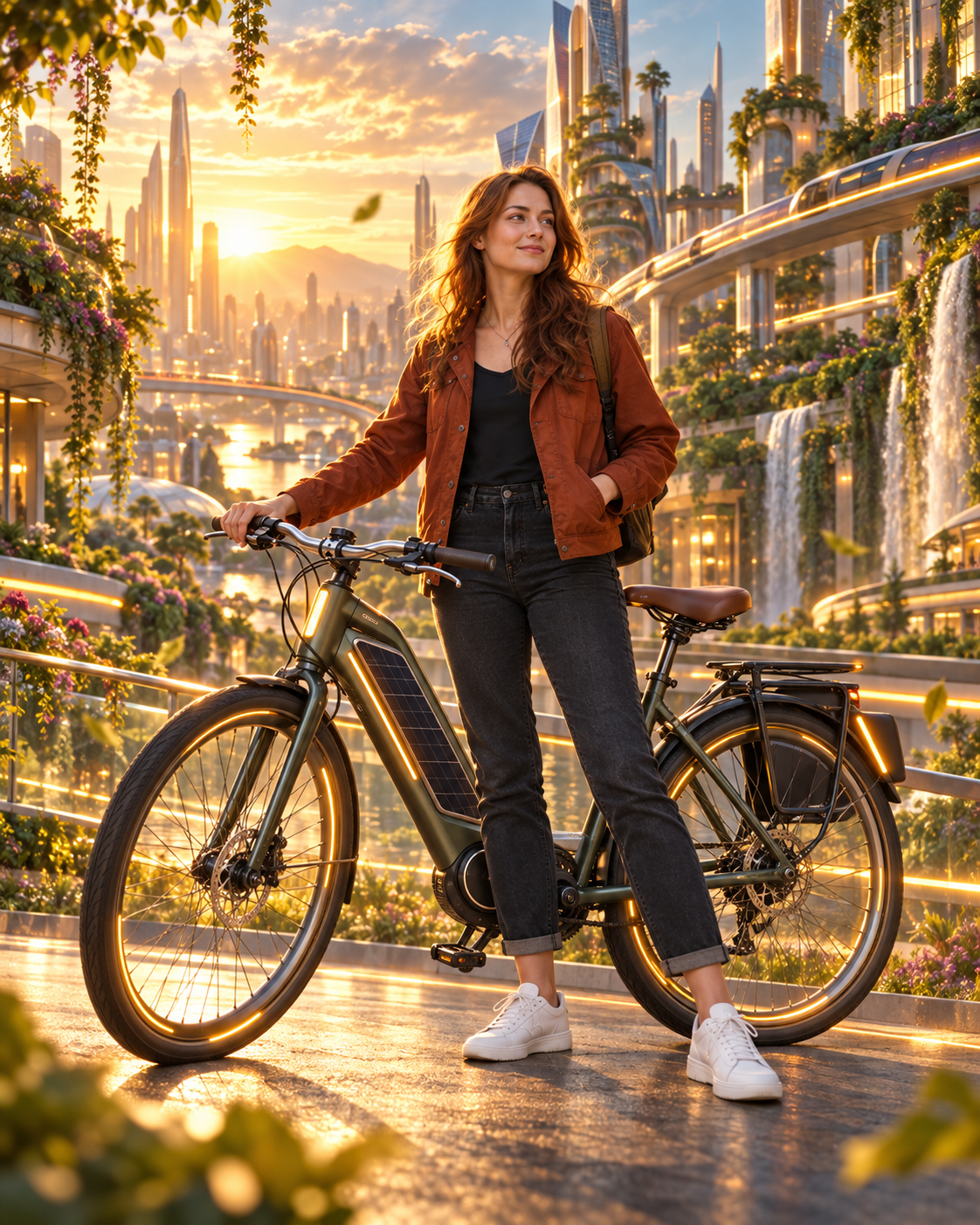 The same woman and bicycle cast as the heroic courier of a luminous solar city
