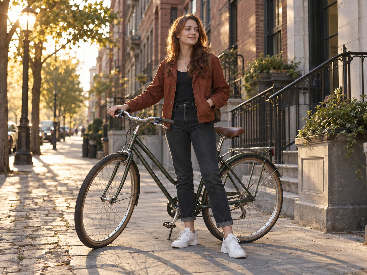 A woman with a bicycle standing on a sunlit city street