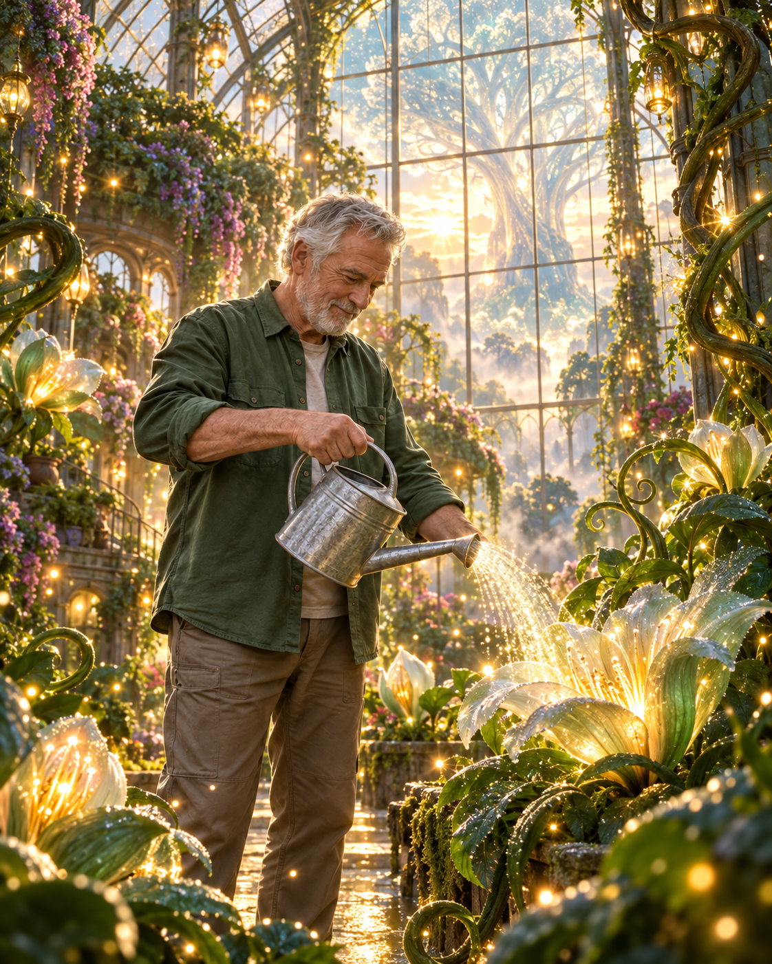 The same gardener as the guardian of an enchanted glasshouse filled with luminous flowers