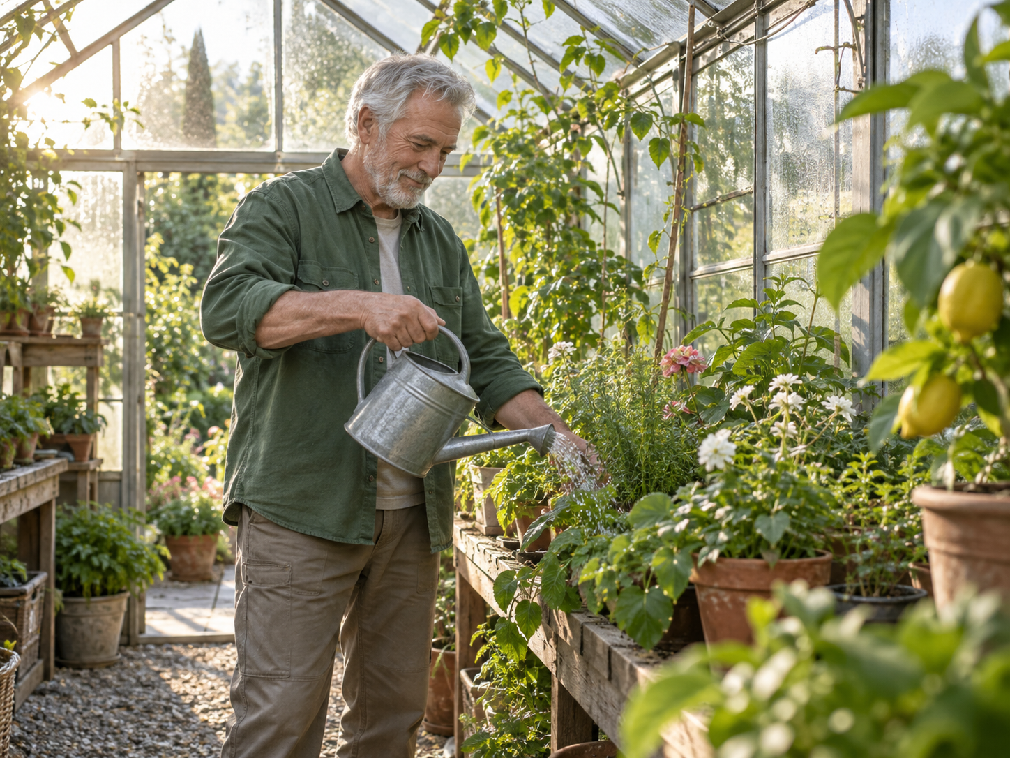 An older man watering plants inside a sunlit greenhouse