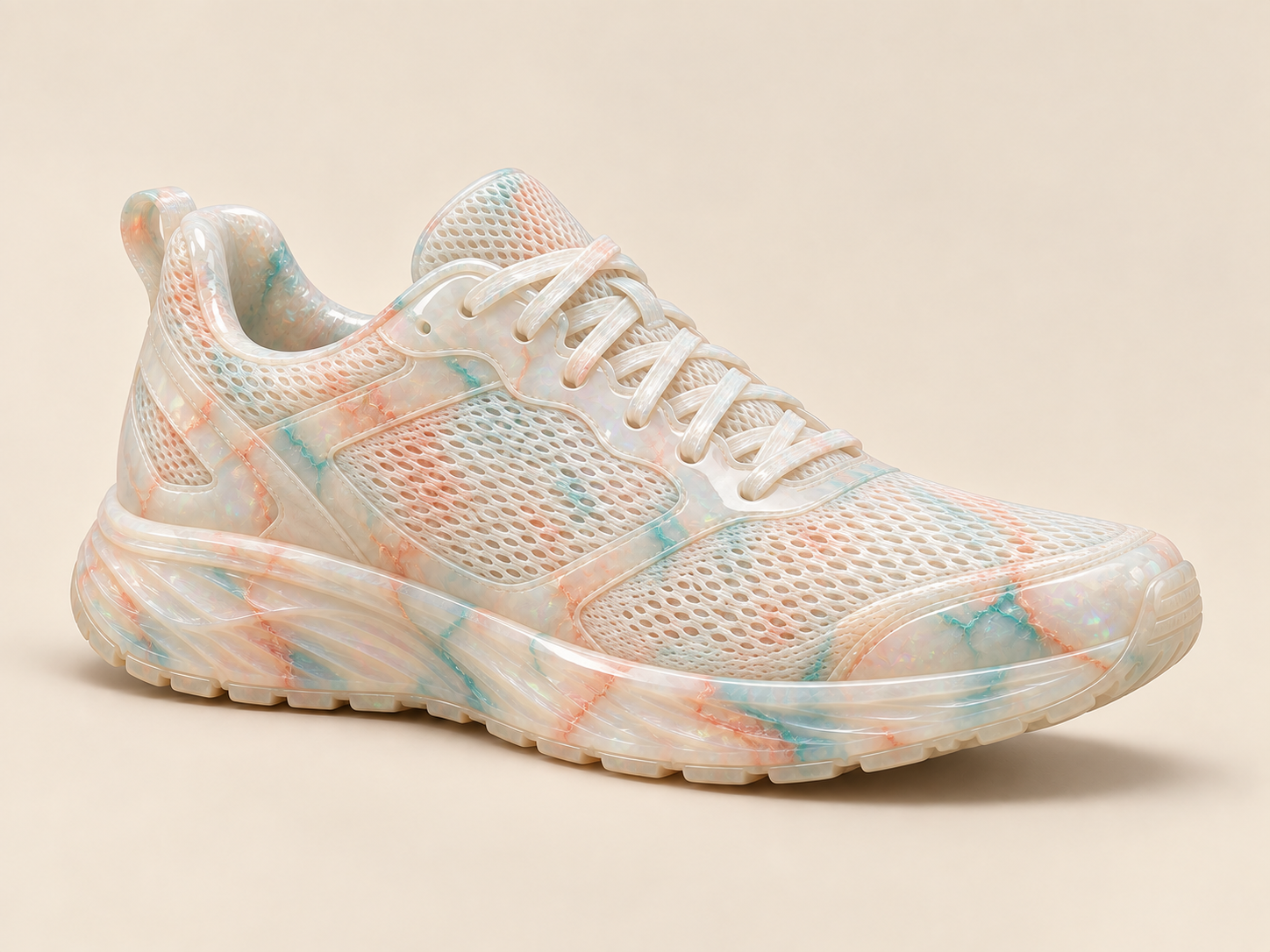 The same running shoe remade in milky opal resin with coral and turquoise veining