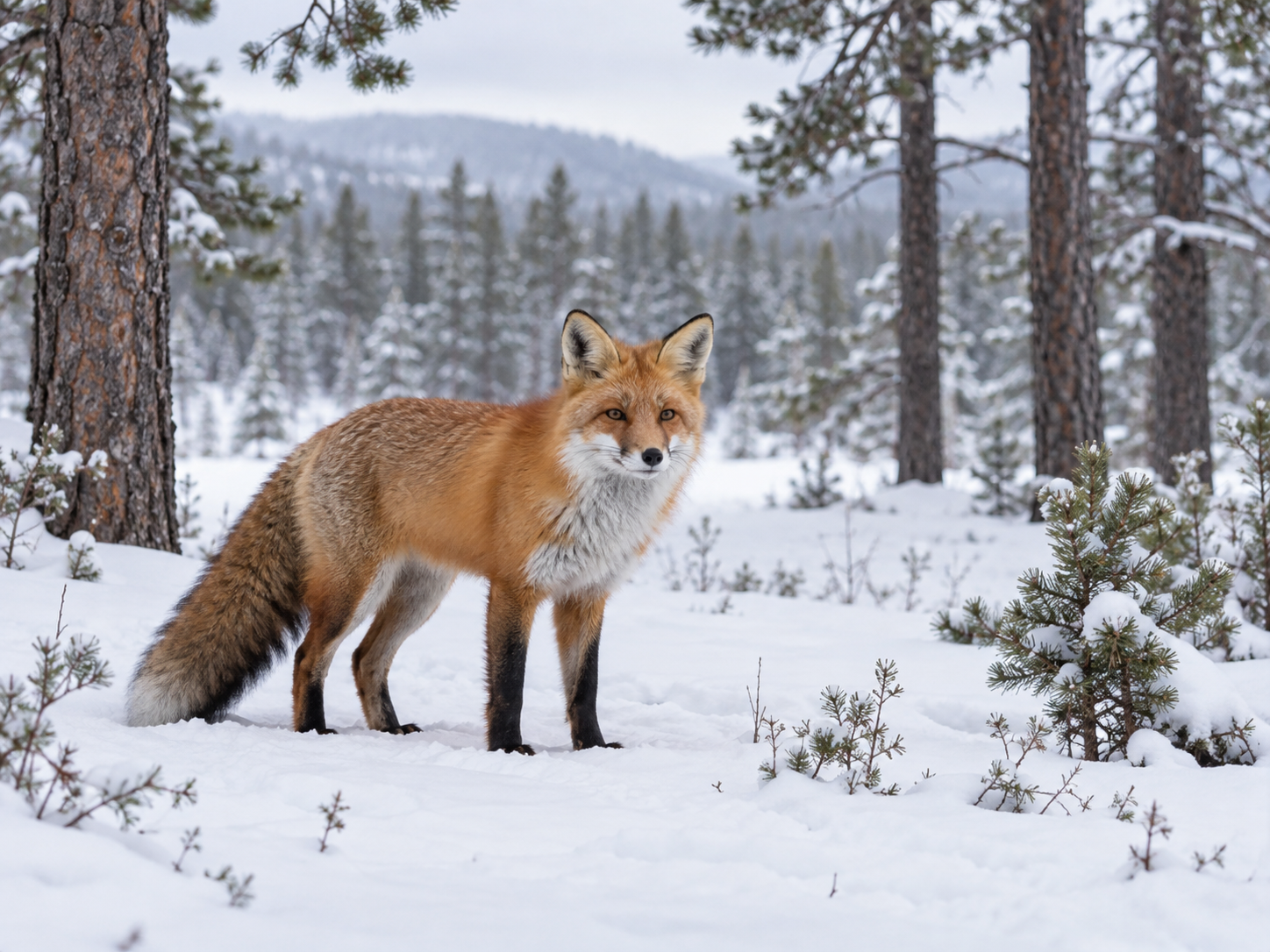 A red fox standing in a snowy pine clearing