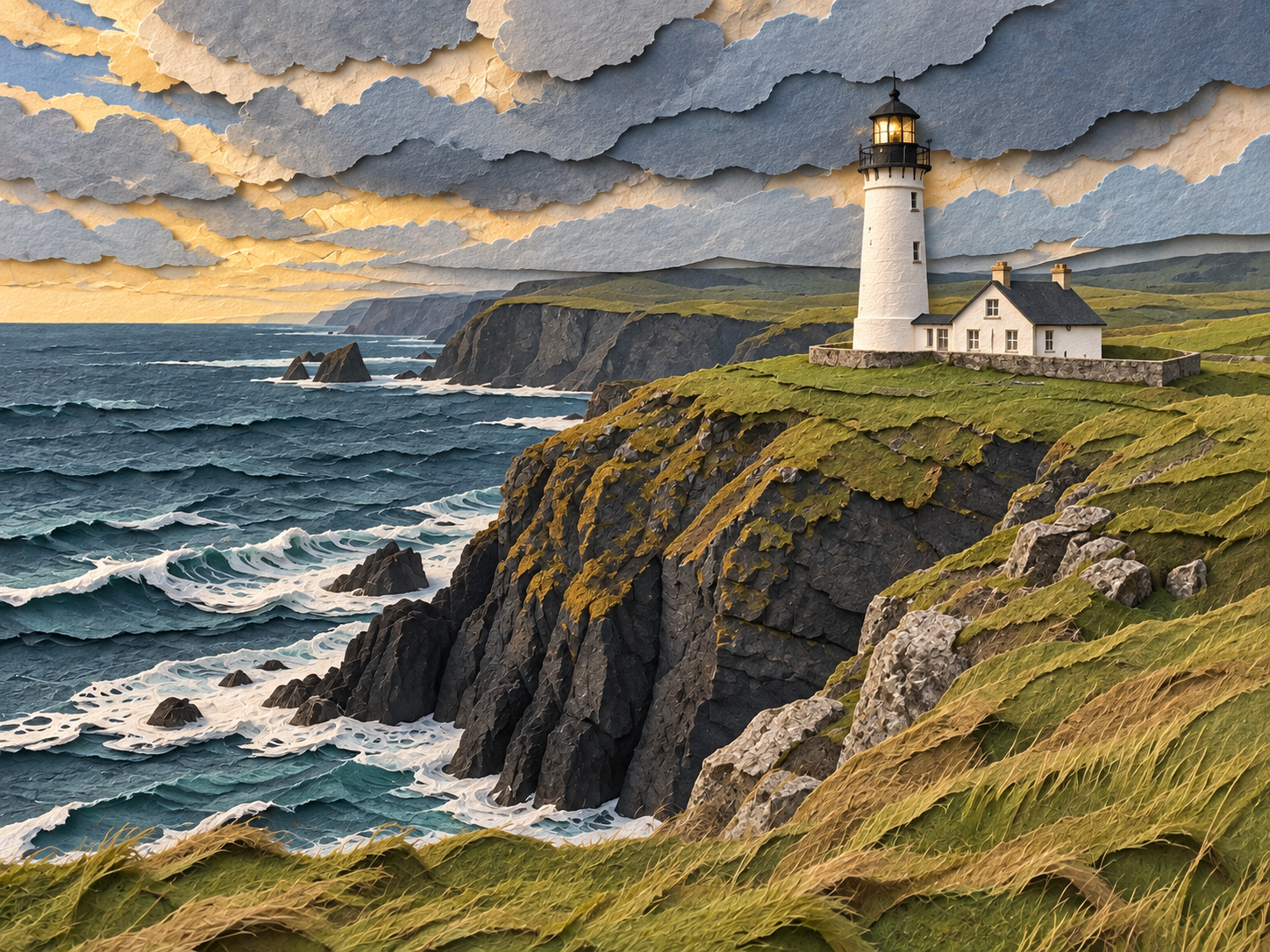 The same lighthouse coast rendered as a layered paper shadowbox