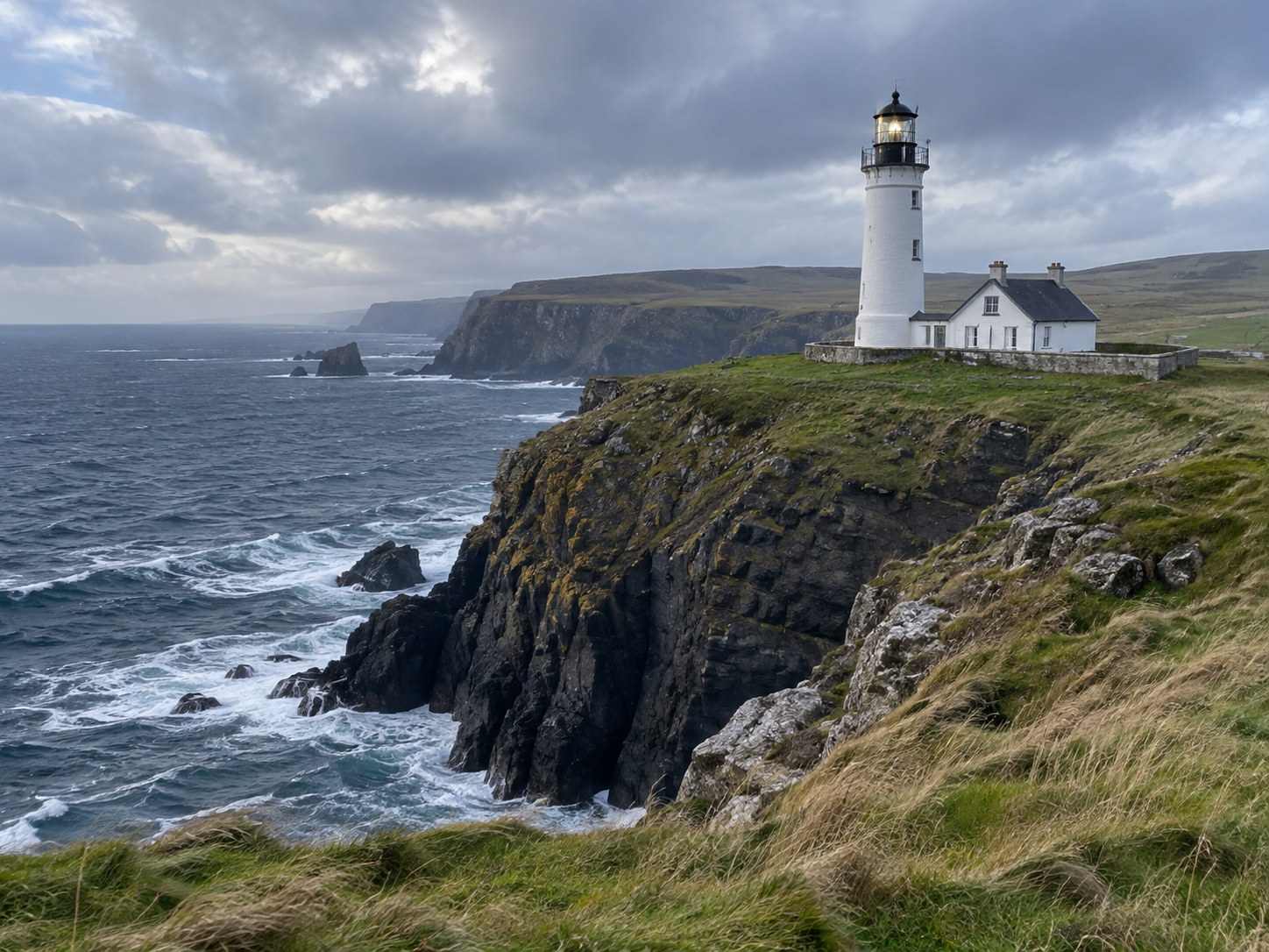 A white lighthouse on a rugged coastal cliff under gray clouds