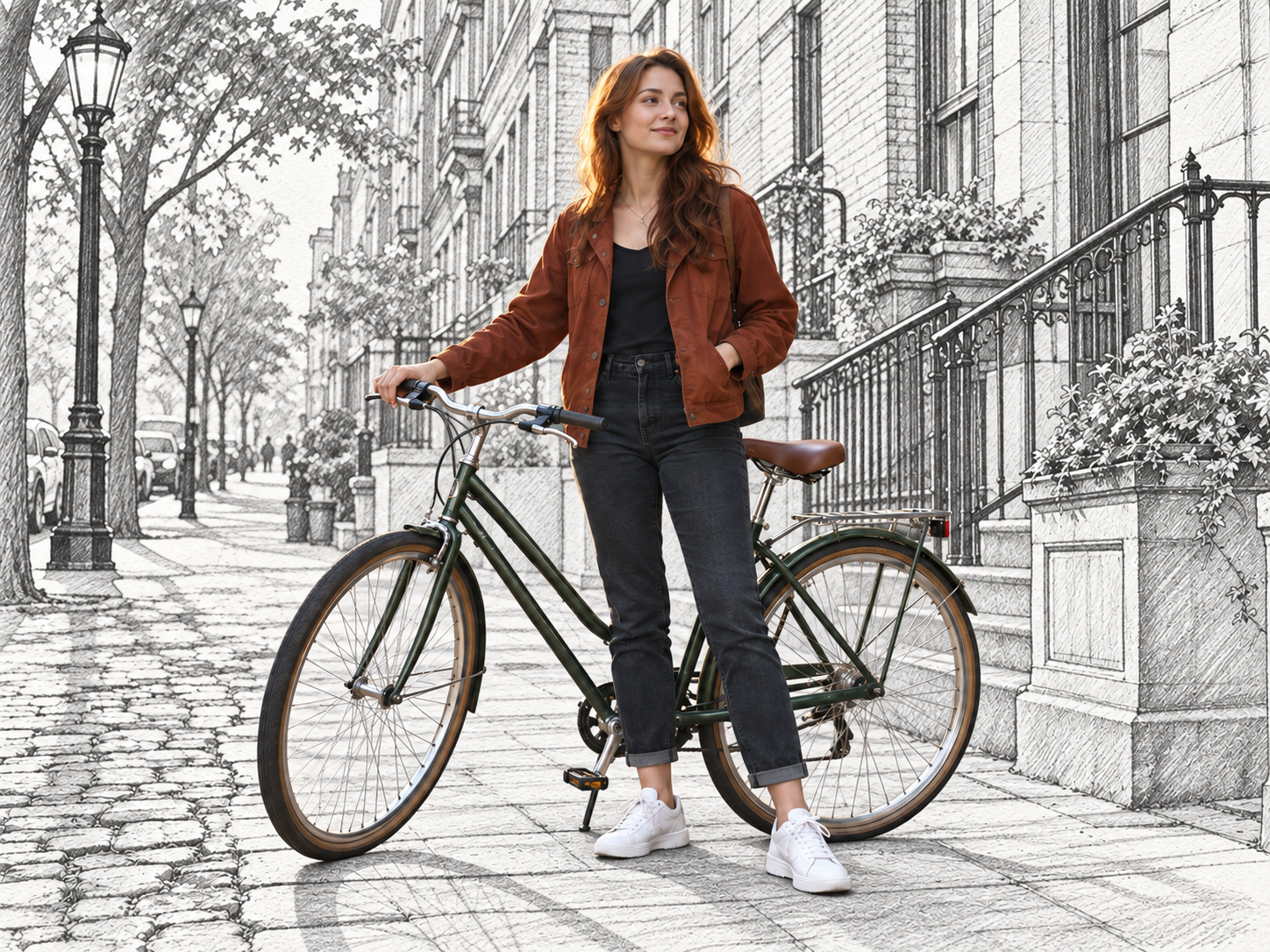 The same woman and bicycle in full color against a black-and-white architectural sketch