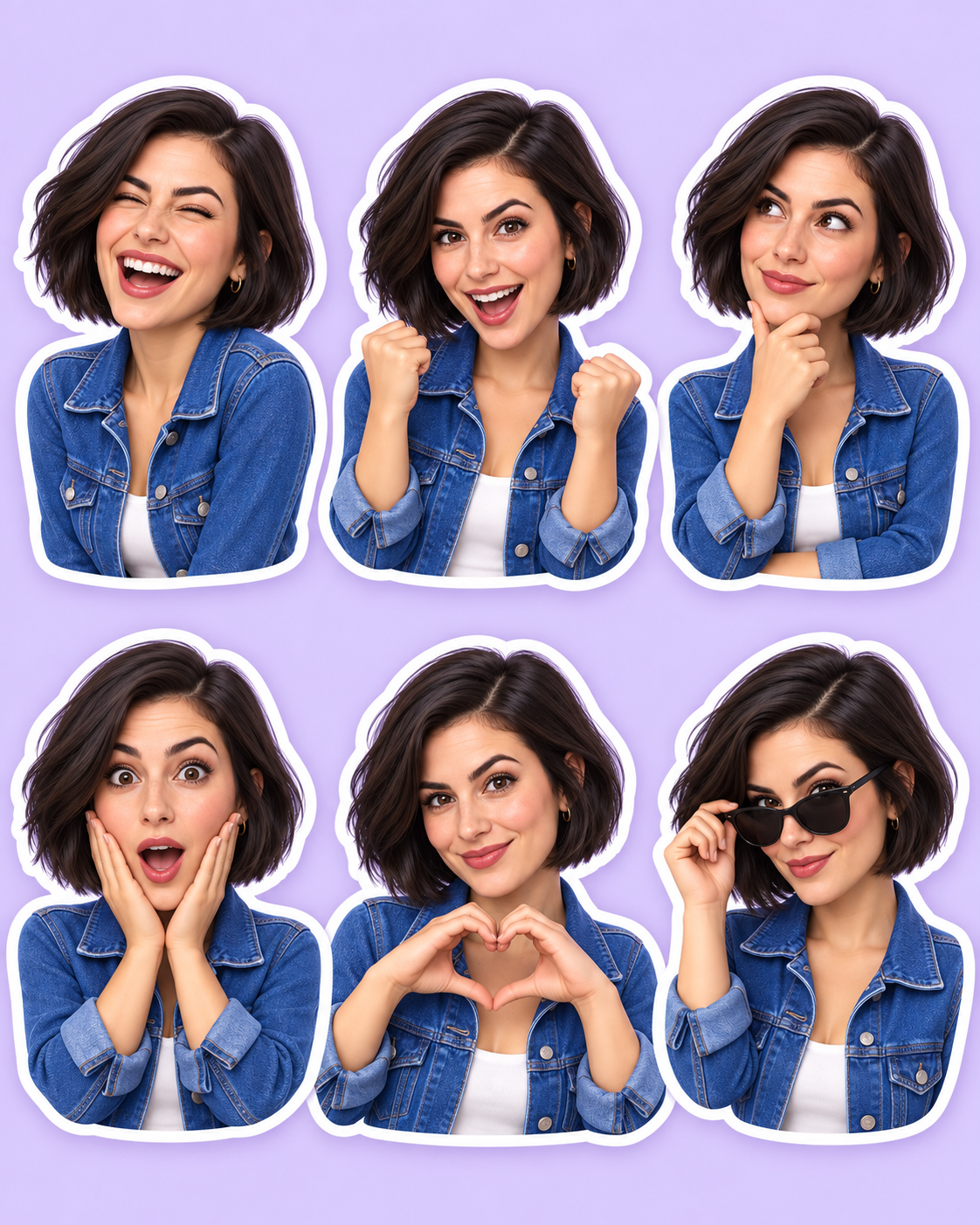 Six expressive die-cut avatar stickers of the same woman in her cobalt jacket