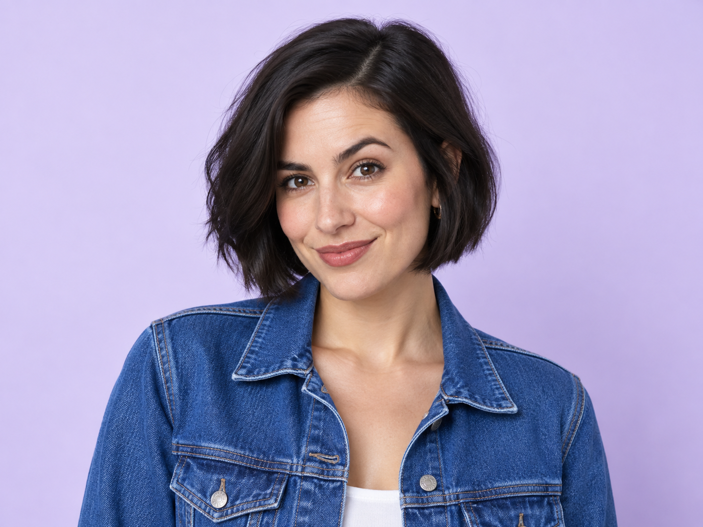 A studio portrait of a woman with a short black bob wearing a cobalt denim jacket