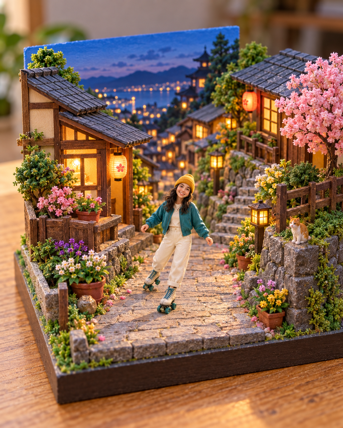 A bright handmade hillside-village diorama with a miniature toy version of the skater