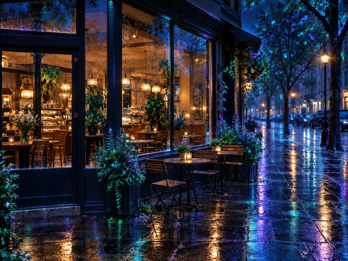 The same rainy café transformed with restrained cyan and violet bioluminescence