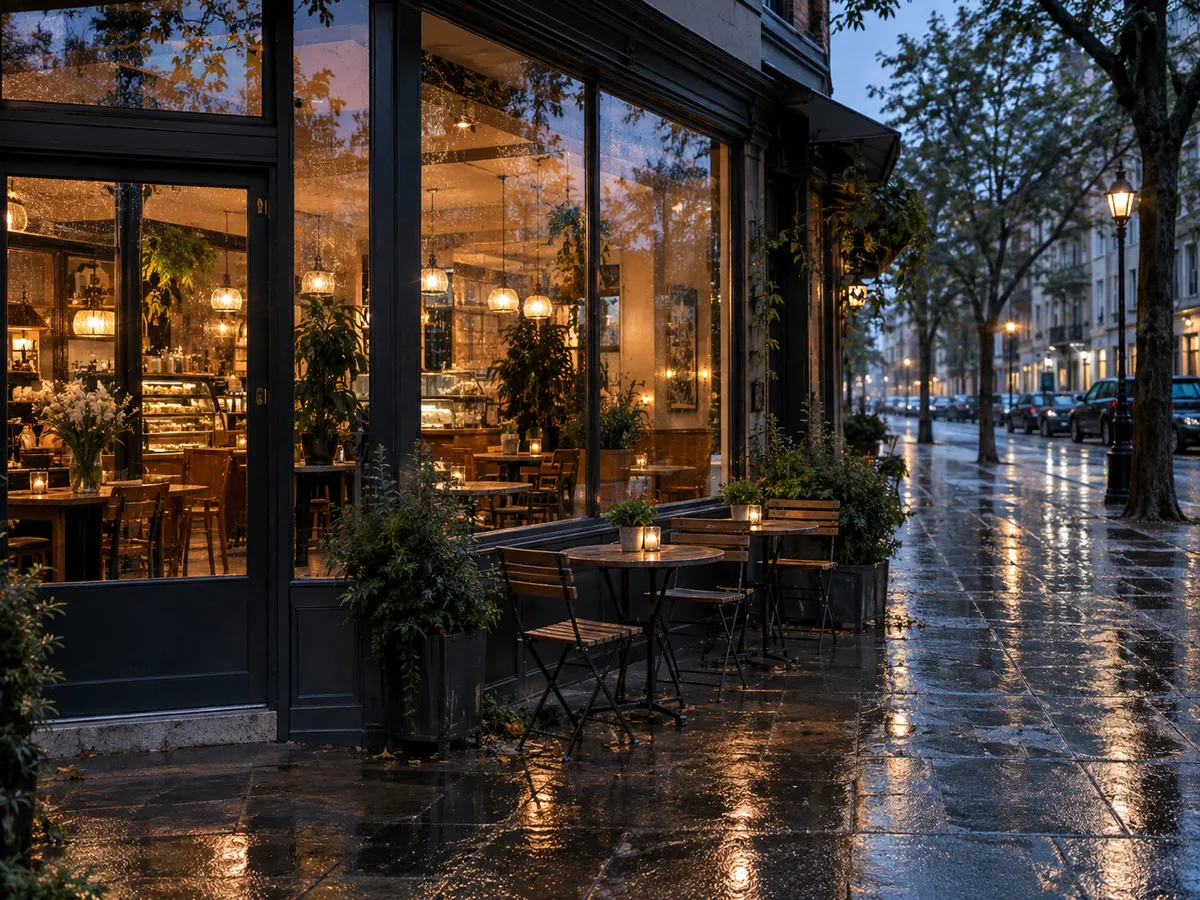 A warm corner café and wet sidewalk at blue hour