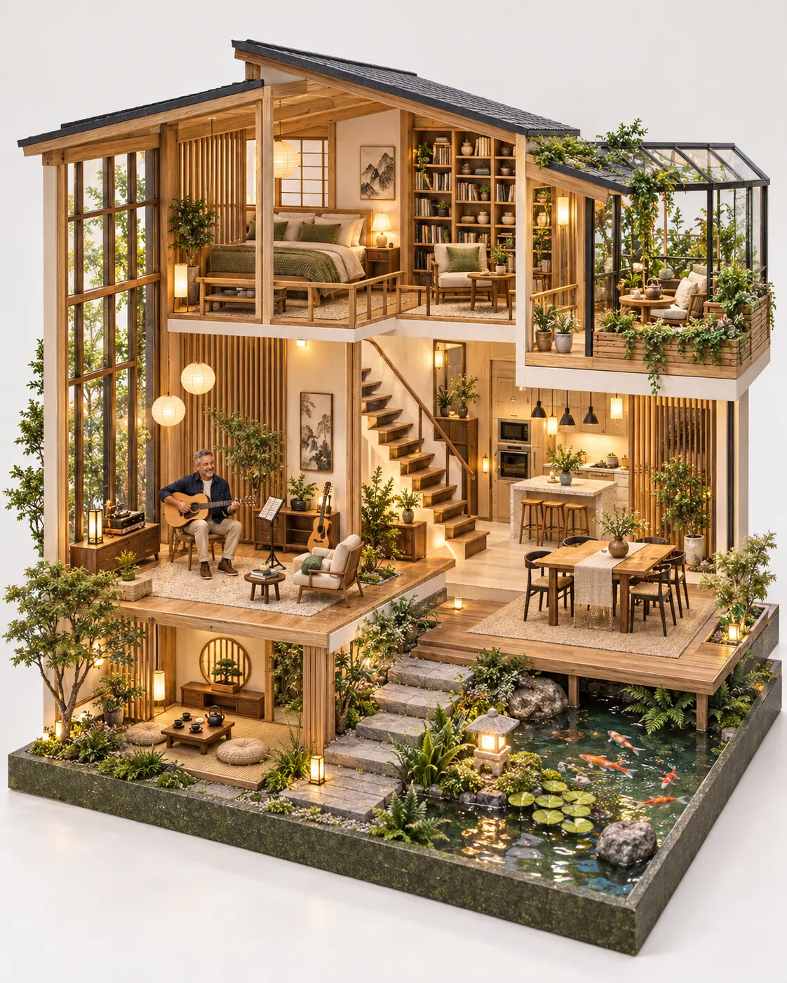 A Japanese-Scandinavian forest dollhouse with a music room, greenhouse, koi pond, and a miniature resident