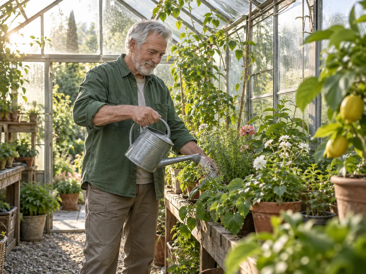 An older man watering plants inside a sunlit greenhouse