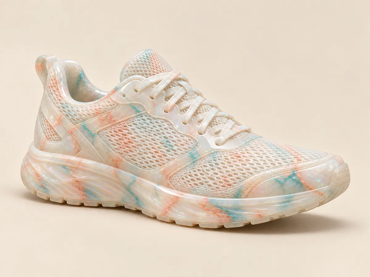 The same running shoe remade in milky opal resin with coral and turquoise veining