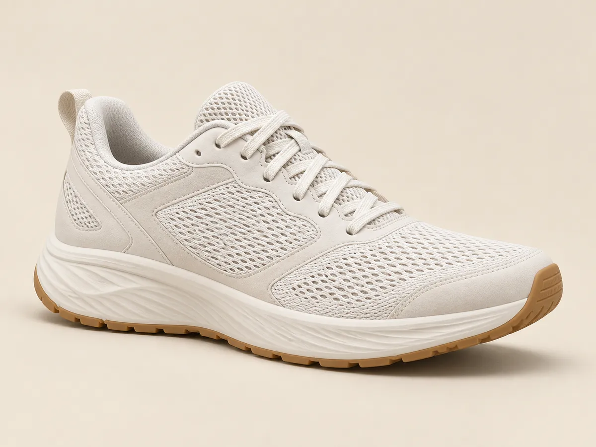 An off-white running shoe photographed on a pale studio backdrop