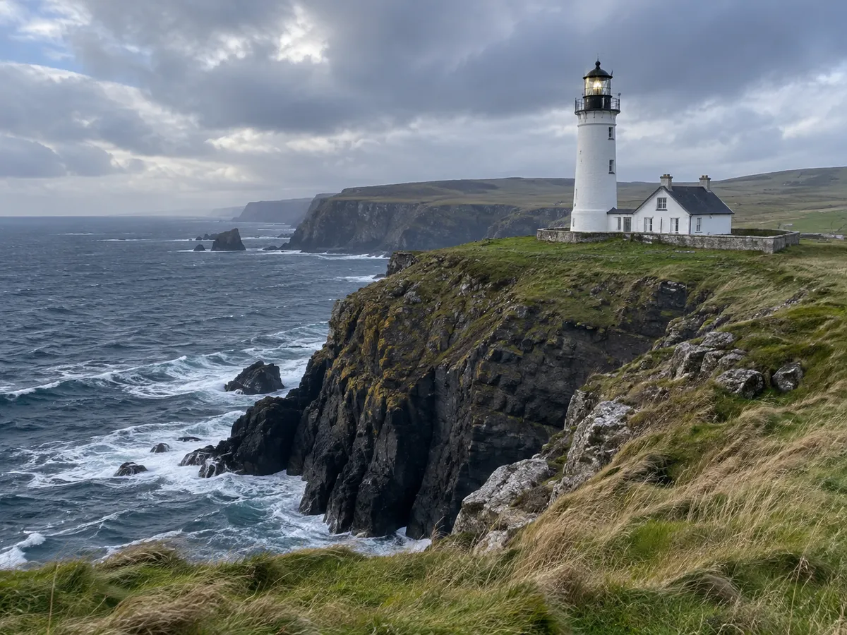 A white lighthouse on a rugged coastal cliff under gray clouds