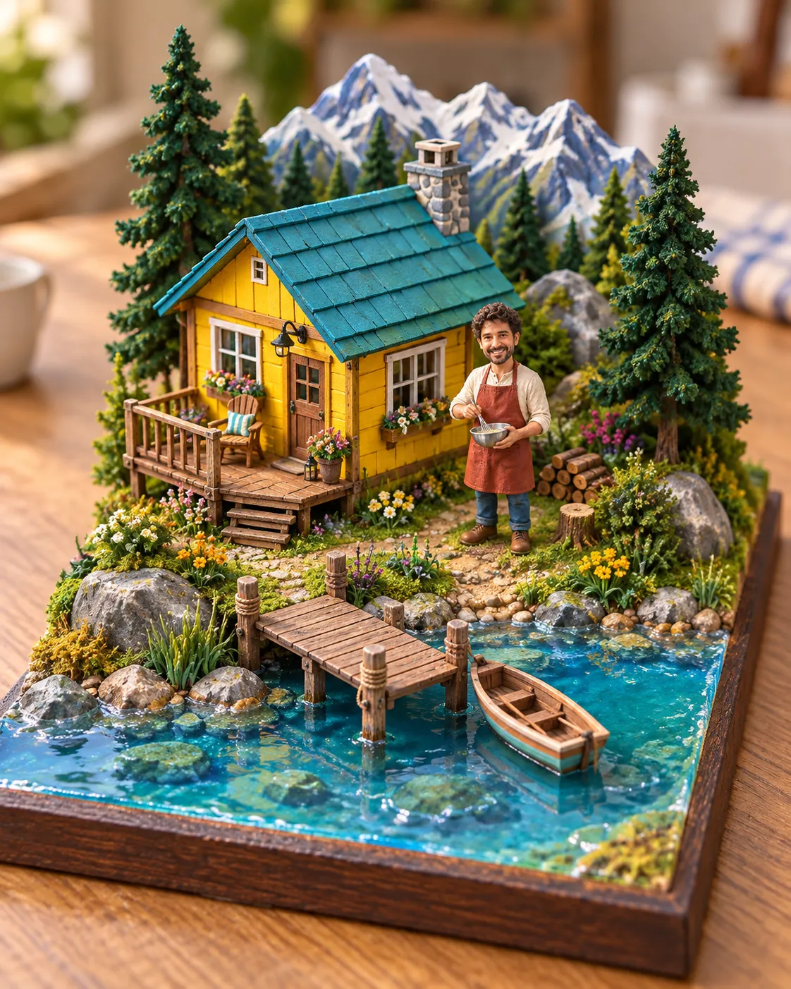 A bright handmade alpine-cabin diorama with a miniature toy version of the baker